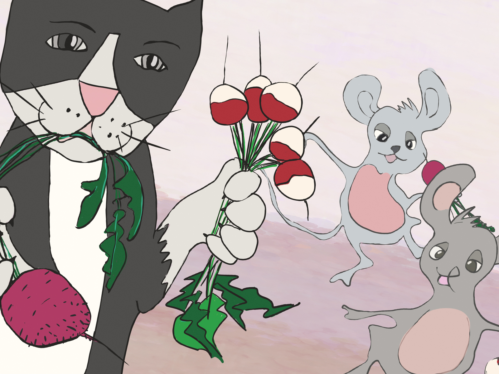 Kot z myszami i rzodkiewkami